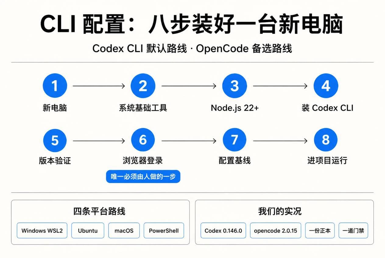 CLI 配置全景信息图：八步安装流程，浏览器登录被标为唯一必须由人做的一步；下方两条分别是四条平台路线和我们的实况