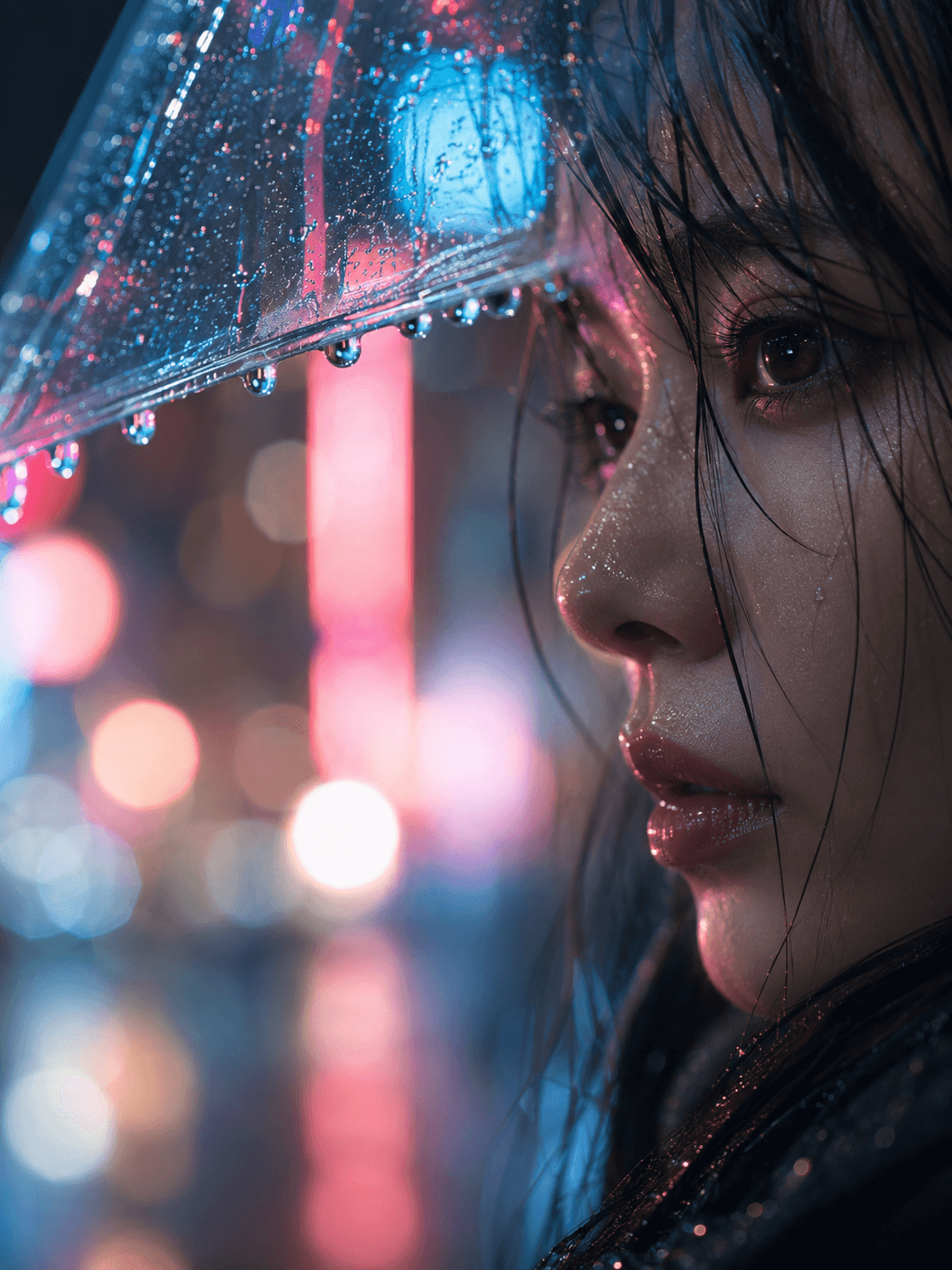 特写聚焦透明雨伞下女性眼睛和面部雨水细节